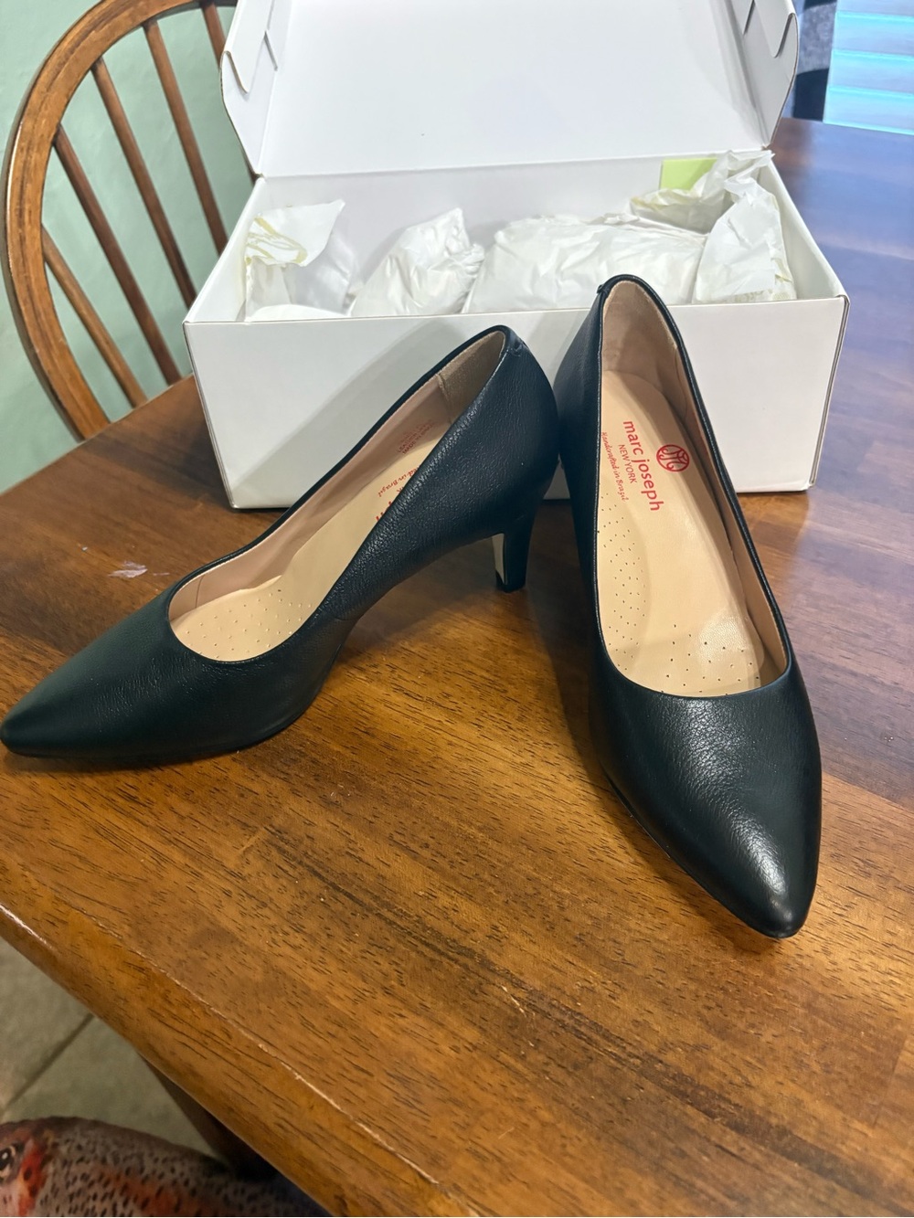 Marc Joseph Black Leather Pointed-Toe Mid-Heel Pumps